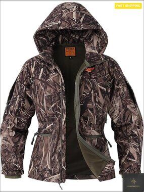 Women's Camo Hunting Jacket Ultra-Quiet Water Resistant 7 Pockets Removable Hood